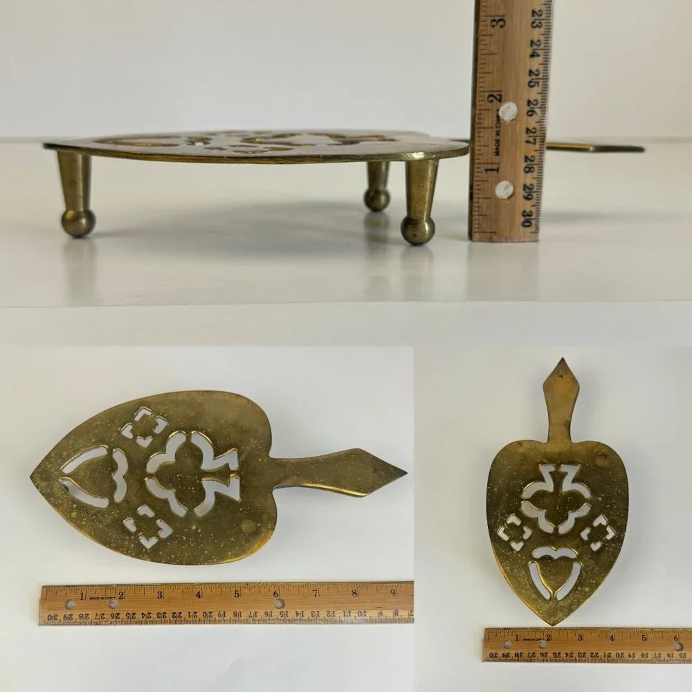 Vtg Gold Plated Colored Footed Trivet Spade Shape w Clover‎ Made in Hong Kong